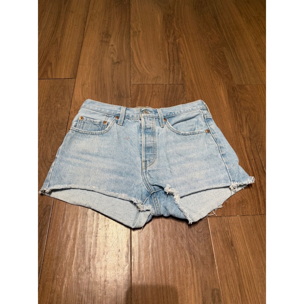 Levis 501 Original High Waisted Cut Off Denim Shorts Light Wash Blue Button Fly